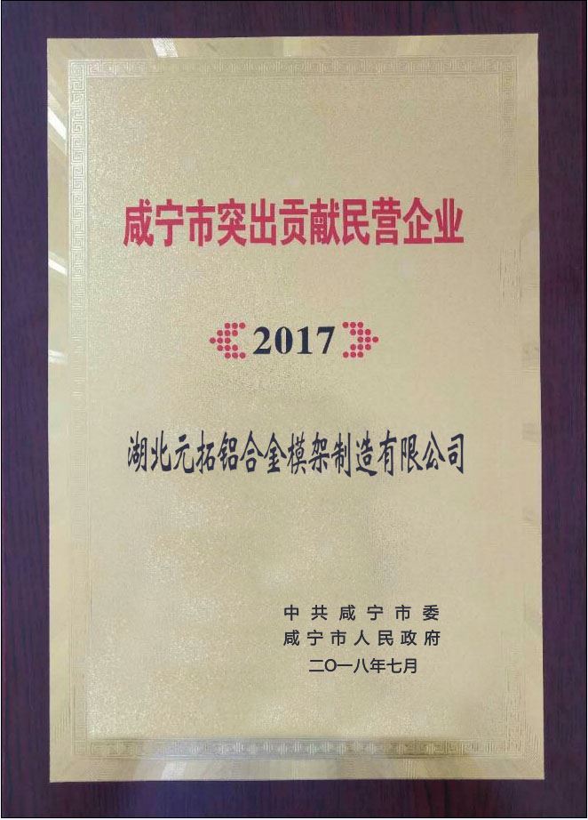 湖北元拓铝模荣获＂咸宁市突出贡献民营企业＂称号